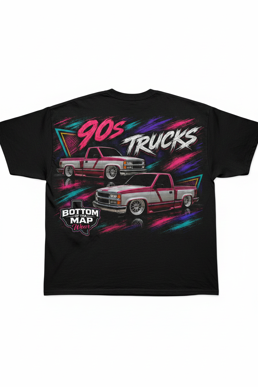 90s Trucks retro graphic on back of black tee