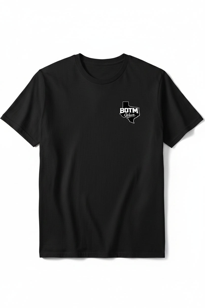 BOTM Wear Texas logo on front left chest of black tee