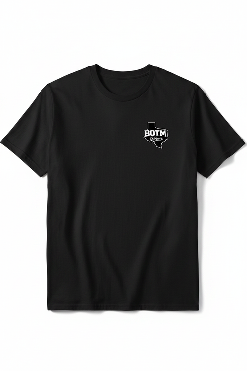 BOTM Wear Texas logo on front left chest of black tee