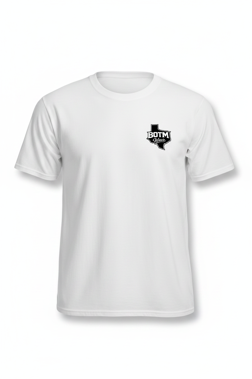 BOTM Wear Texas logo on front left chest of white tee