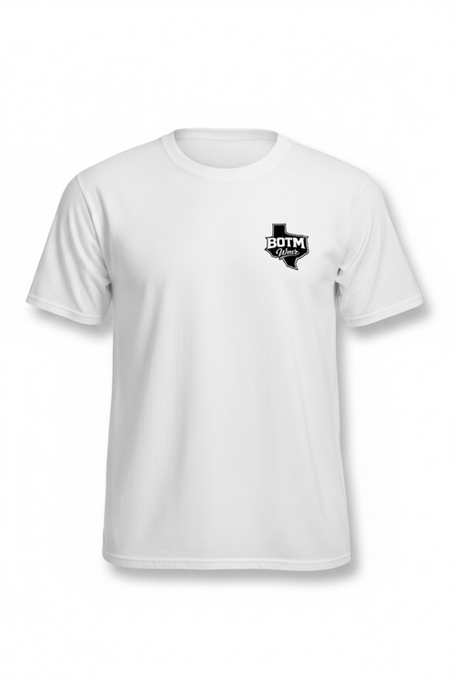 BOTM Wear Texas logo on front left chest of white tee