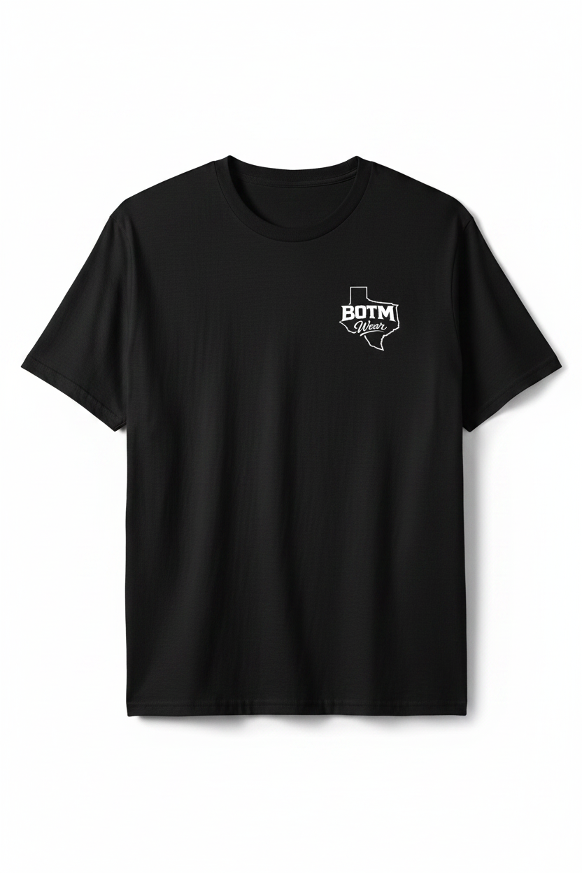 BOTM Wear Texas logo on front left chest of black tee