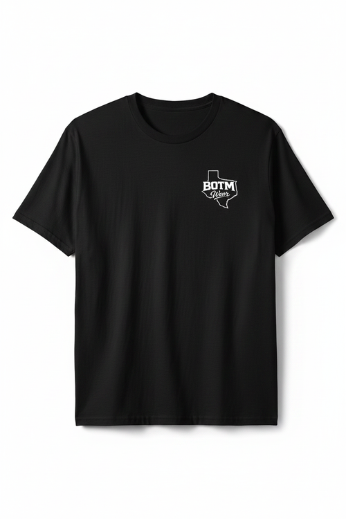 BOTM Wear Texas logo on front left chest of black tee